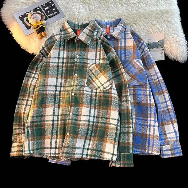 Plaid Woolen Coat Men's Ins Shirt Jacket Top Boys Spring and Autumn 2024 Casual Climbing Youth