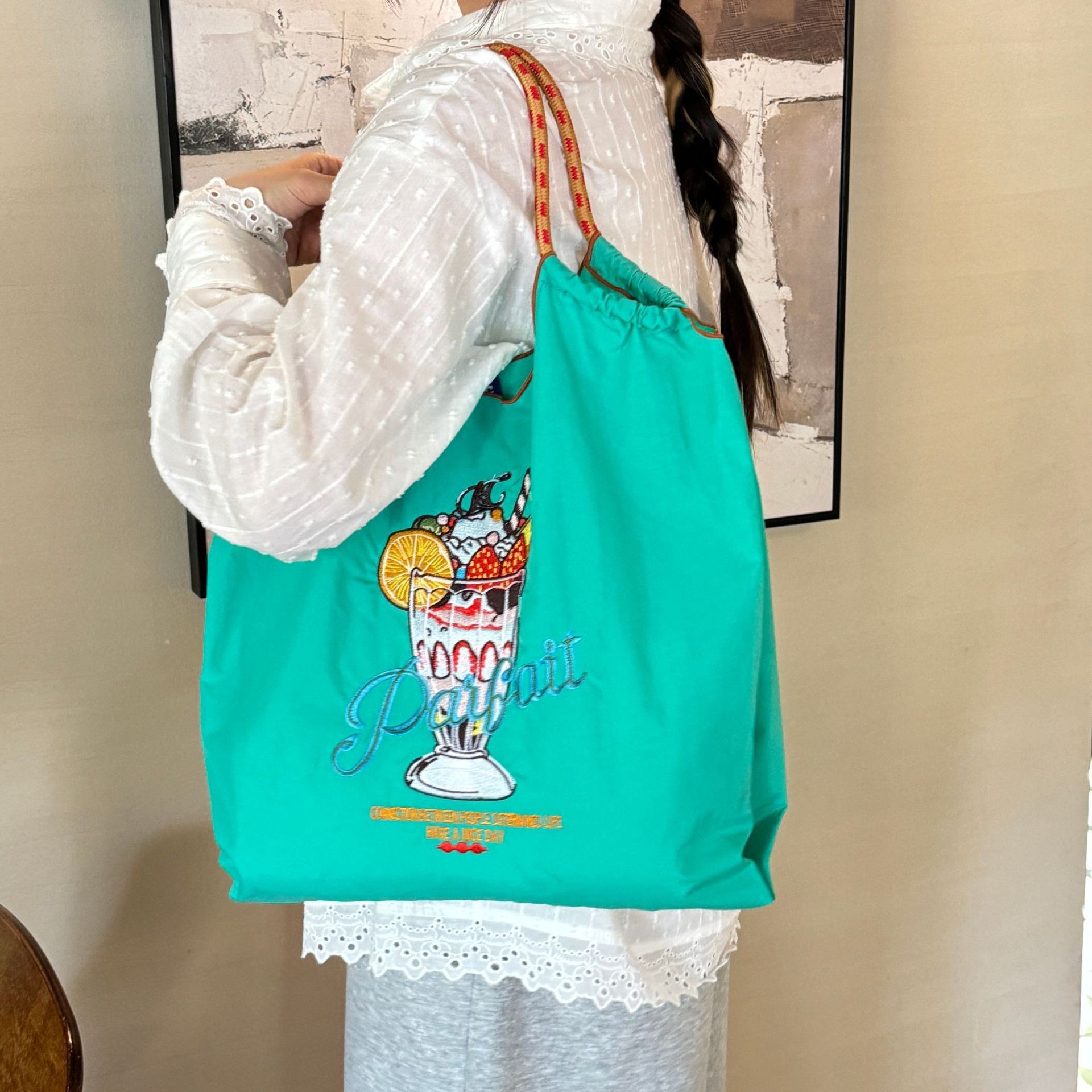 Bolsa de compras ecológica de cadena de bolas casera japonesa, bolsa de lona portátil bordada de tela de nailon, bolsa de compras de nailon