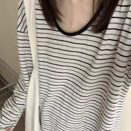 韩系chic撞色条纹长袖防晒T恤罩衫女夏季外搭慵懒薄纱上衣空调衫