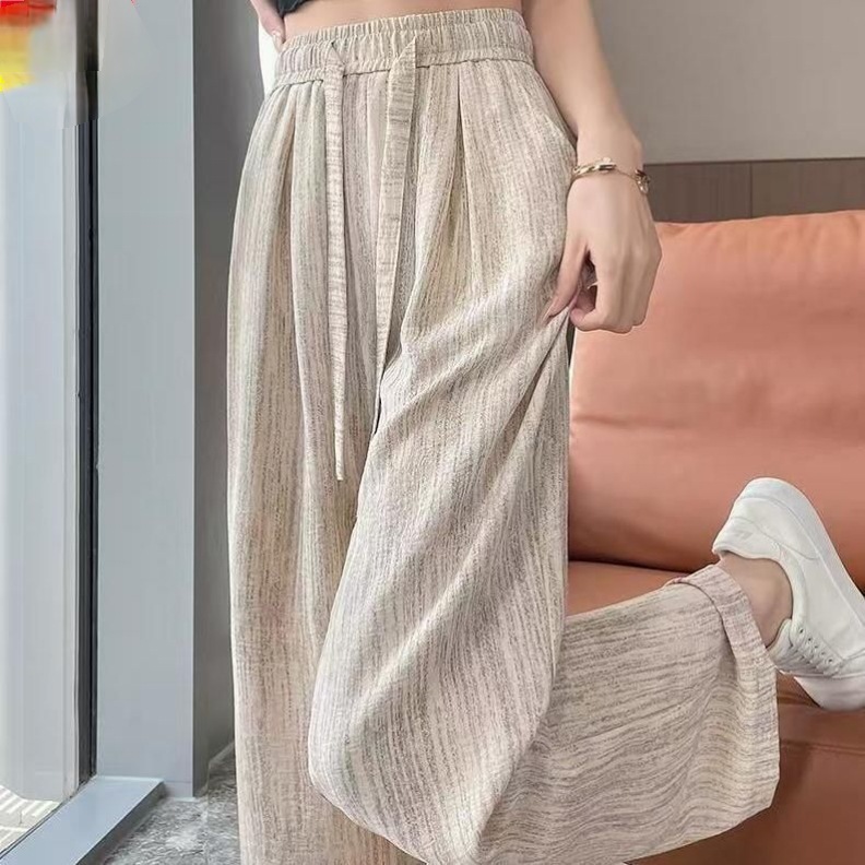 2025 New Ice Silk Wide-Leg Pants for Women, Summer High-Waisted Drawstring Textured Lazy American Casual Thin Floor-Length Pants