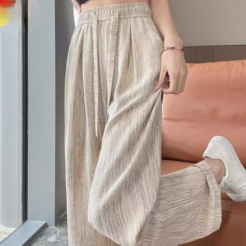 2025 New Ice Silk Wide-Leg Pants for Women, Summer High-Waisted Drawstring Textured Lazy American Casual Thin Floor-Length Pants