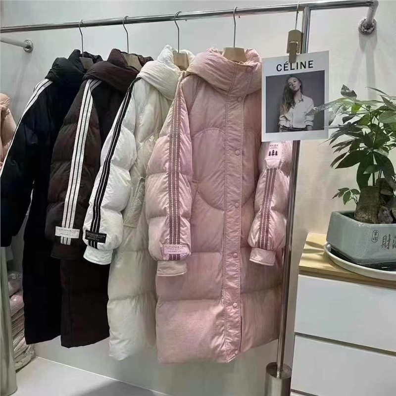 2025 Winter New down Jacket Clover Long Over-The-Knee Sports Three-Stripes Thickeneded Loose Duck down Jacket