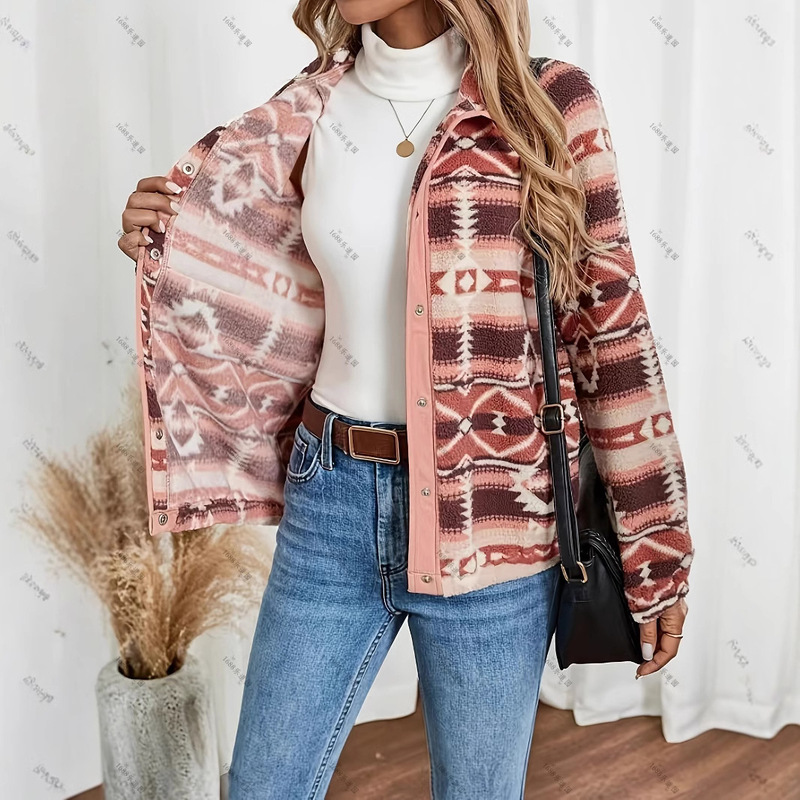 European and American Women's Western Aztec Print Jacket Flannel Lapel Long Sleeve Vintage Jacket