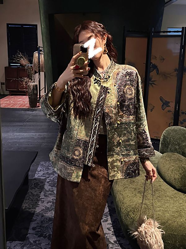 新中式国风缎面提花印花外套秋季高端新款气质刺绣棉服女装 N9071|undefined