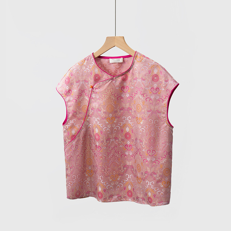 Двусторонная шелковая футболка, короткий рукав, по фигуре, китайский стиль