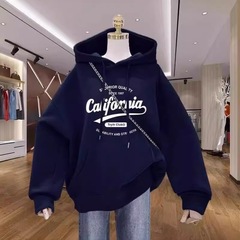 秋季连帽卫衣女2025年新款加绒藏青色色设计感印花外套上衣潮