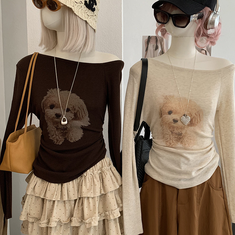 KEKEZOON 2026 Early Autumn New Sweet and Cute Puppy Print Asymmetrical Collar Slim Fit Knit Top 8972 KEKEZOON 2026 Early Autumn New Sweet and Cute Puppy Print Asymmetrical Collar Slim Fit Knit Top 8972