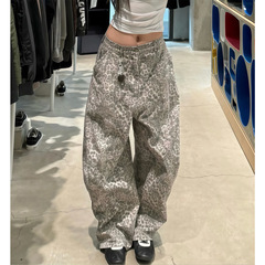 美式复古豹纹弯刀牛仔裤女早秋辣妹廓形松弛慵懒宽松阔腿拖地裤子