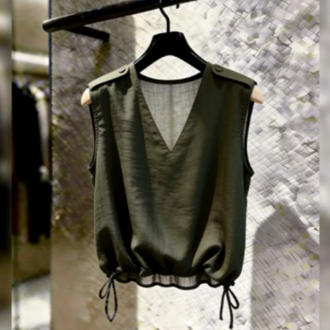 【Dropshipping】New Style Elegant and Artistic Loose Drawstring Design Solid Color Sleeveless Blouse Cross-Border Ready Stock 【Dropshipping】New Style Elegant and Artistic Loose Drawstring Design Solid Color Sleeveless Blouse Cross-Border Ready Stock