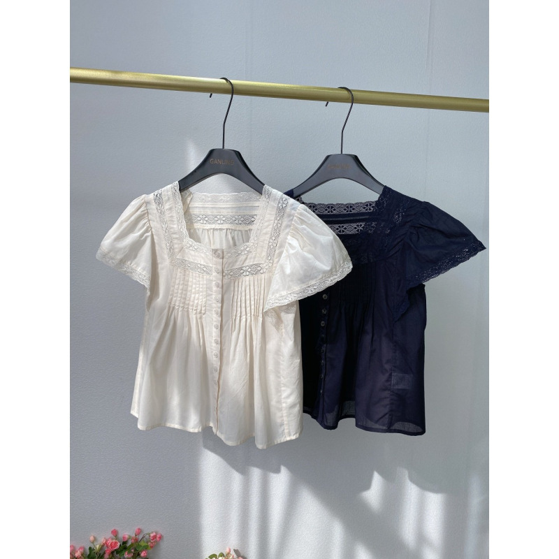 Gentle Retro 2026 New Style French Lace Hollow-Out Patchwork Square-Neck Semi-Sheer Lightweight Flutter-Sleeve Blouse for Women