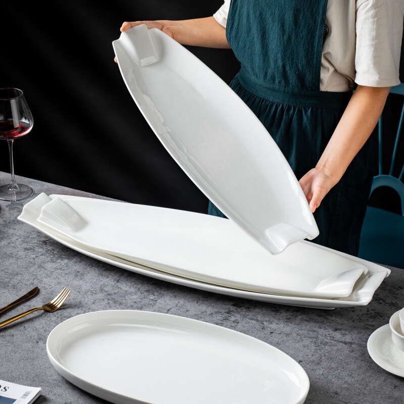 Pure White Ceramic Big Fish Plate Changjiang River White Fish Plate with Bucked Mouth Boat Plate Hotel Steamed Fish Plate