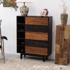 Jingjifeng オールドニレチェスト風化ボード無垢材収納キャビネットティーセット装飾品玄関雑貨仕上げディスプレイキャビネット