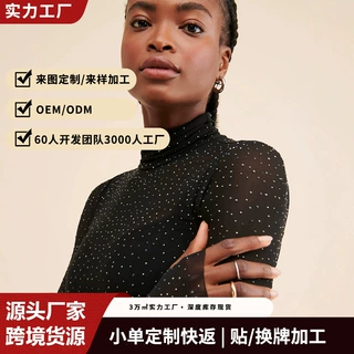欧美跨境爆款烫钻网纱高领打底衫女修身透视堆堆领长袖辣妹上衣