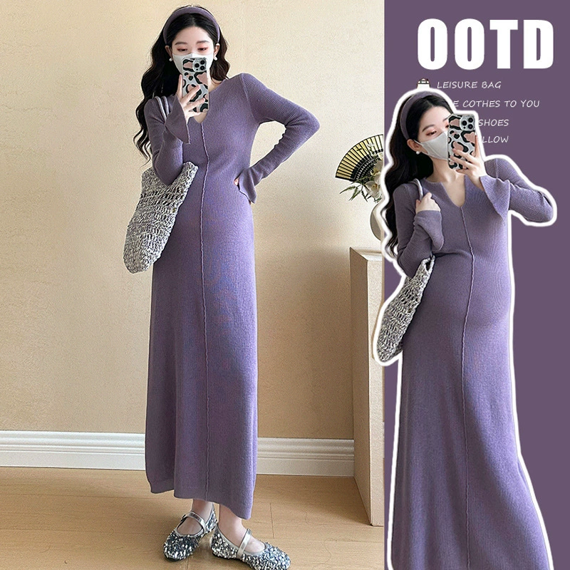 Юбка для беременных осенью и зимой высокого темперамента фиолетовая вязаная юбка модная горячая мама корейская тонкая и длинное платье