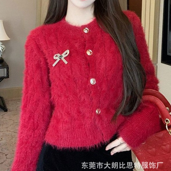 Autumn and Winter New Imitation Mink Fur Outwear Fashionable Red Bow Short Sweater Knitted Cardigan Round Neck Top