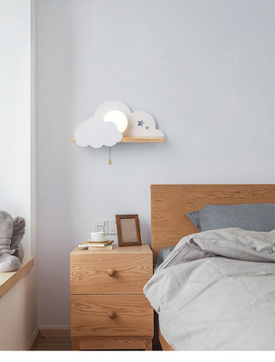 Northern Europe Wind and cloud bedroom Bedside lamp Simplicity modern originality Wooden Stay wire switch Shelf read Wall lamp