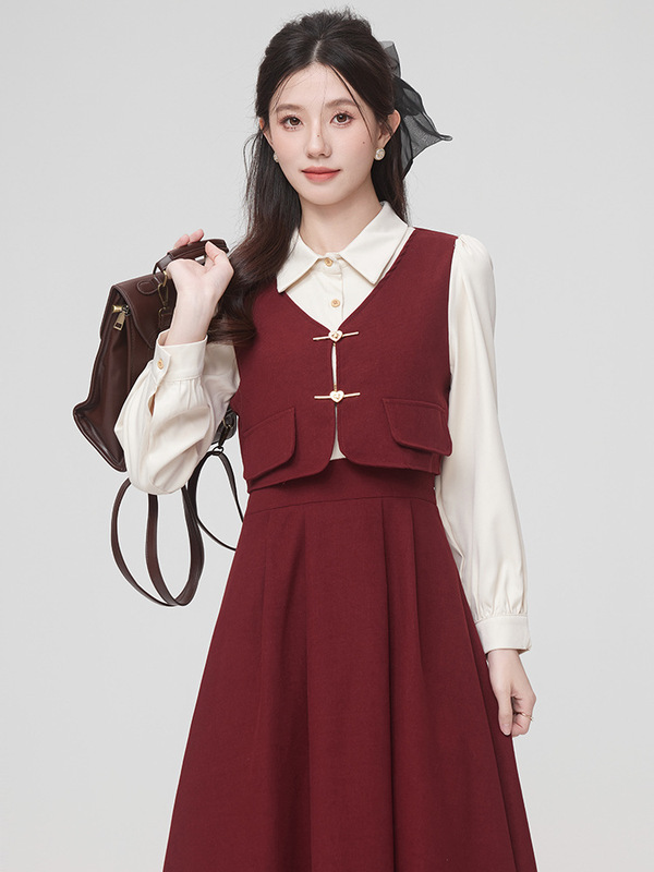 小个子气质通勤红色假两件拼接连衣裙女2025秋季新款系带收腰长裙|undefined