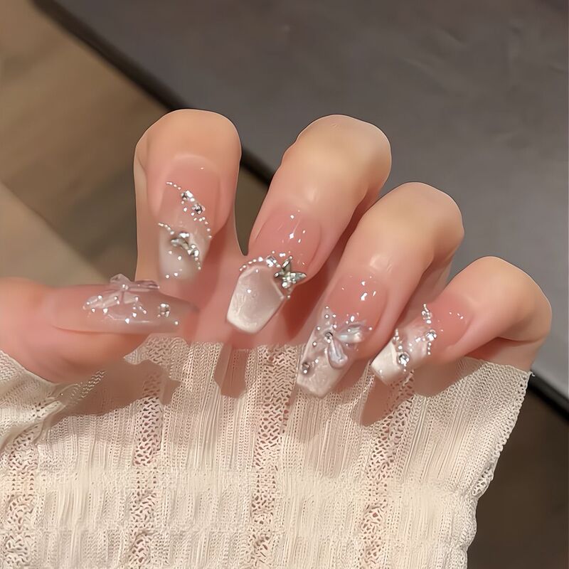 [Ice Crystal Butterfly] Three-Dimensional Butterfly White Moonlight Purely Handmade Wearable Nails High-End Light Luxury Explosive Diamond Beautiful Patch