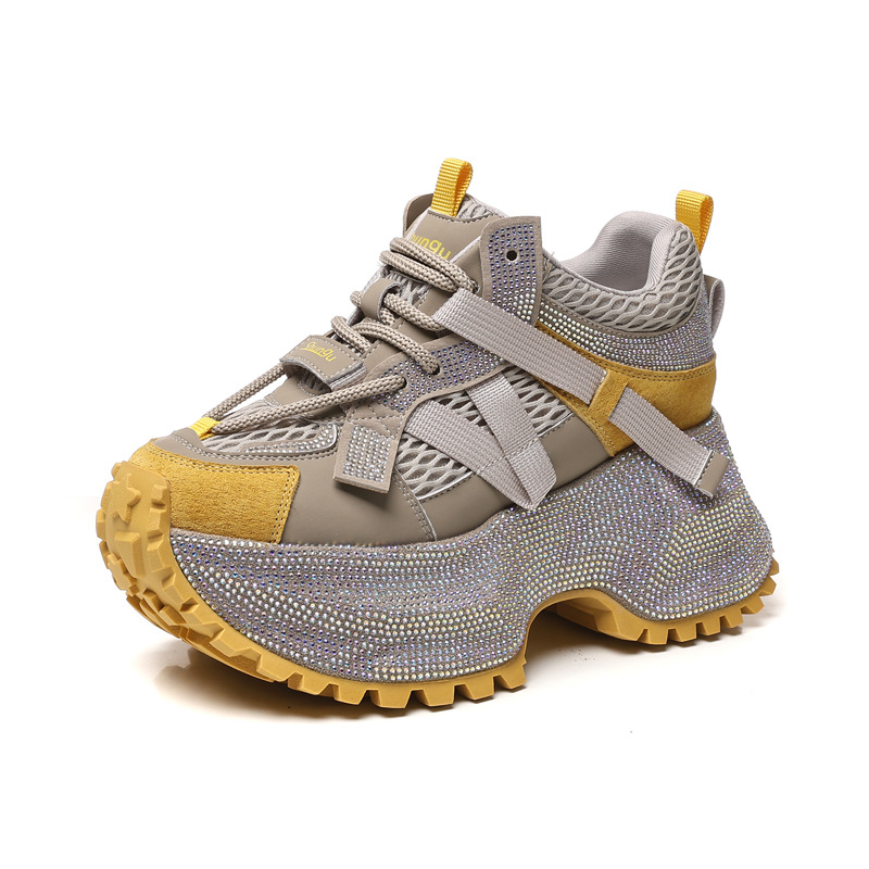 Giày sneaker nữ đế dày đính đá phối màu phong cách bố — đen