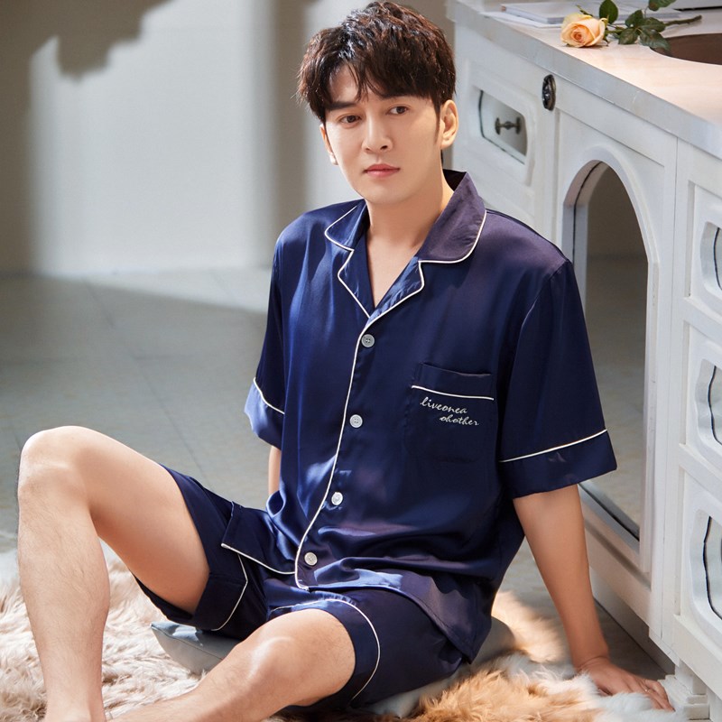 Pajamas for Men, Summer Ice Silk Short-Sleeved Shorts, Thin Cardigan Home Wear, Silk Large Size Two-Piece Set, Breathable and Comfortable