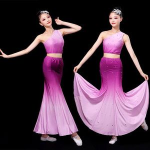 Women purple blue gradient Chinese dai minority peacock folk dance dress thailand belly stage performance dresses for adults children