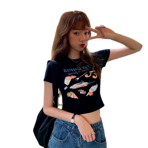 High waist exposed navel hottie short T-shirt women's slim fit Korean version ins super hot internet celebrity 2022 summer chic top short sleeves