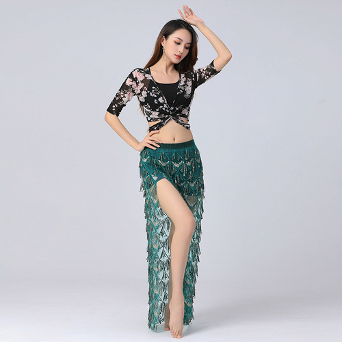 New plus size belly dance practice suit, mesh floral top, fringed sequin performance skirt