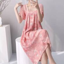 改良汉服短袖绵绸睡裙女夏季棉绸可外穿仙气人造棉家居服国风裙子