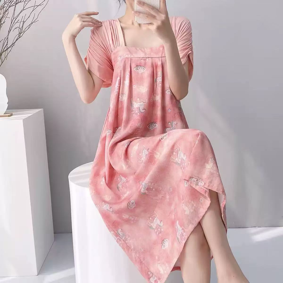 改良汉服短袖绵绸睡裙女夏季棉绸可外穿仙气人造棉家居服国风裙子