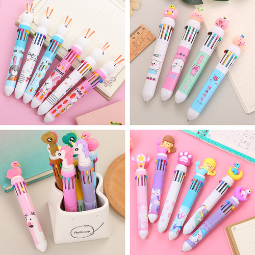 Cute girly heart ten-color ballpoint pen, cartoon multi-color push-button ballpoint pen, student multi-function accounting marker pen