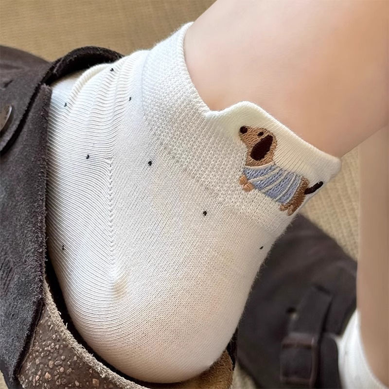 White Embroidered Puppy Socks for Women, Trendy Pure Cotton Socks, Summer Thin Style, 2026 Model, Cute Low-Cut Short Socks White Embroidered Puppy Socks for Women, Trendy Pure Cotton Socks, Summer Thin Style, 2026 Model, Cute Low-Cut Short Socks