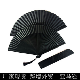 Manufacturer's Painted Pure Black Fan Cross-border Amazon Folding Fan Chinese Style Retro Style Dance Craft Fan Wholesale