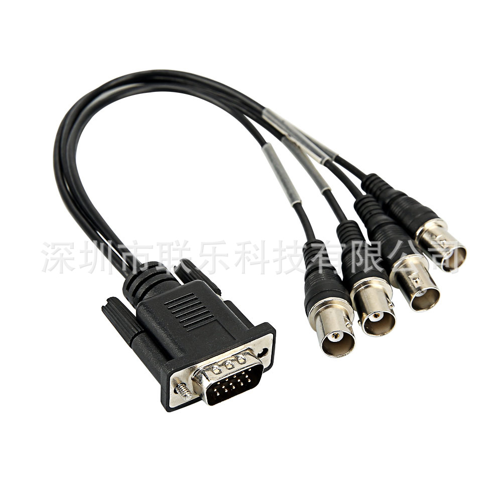 工厂价现货供应20CM 黑色三排15针公头VGA转4个BNC母头视频连接线