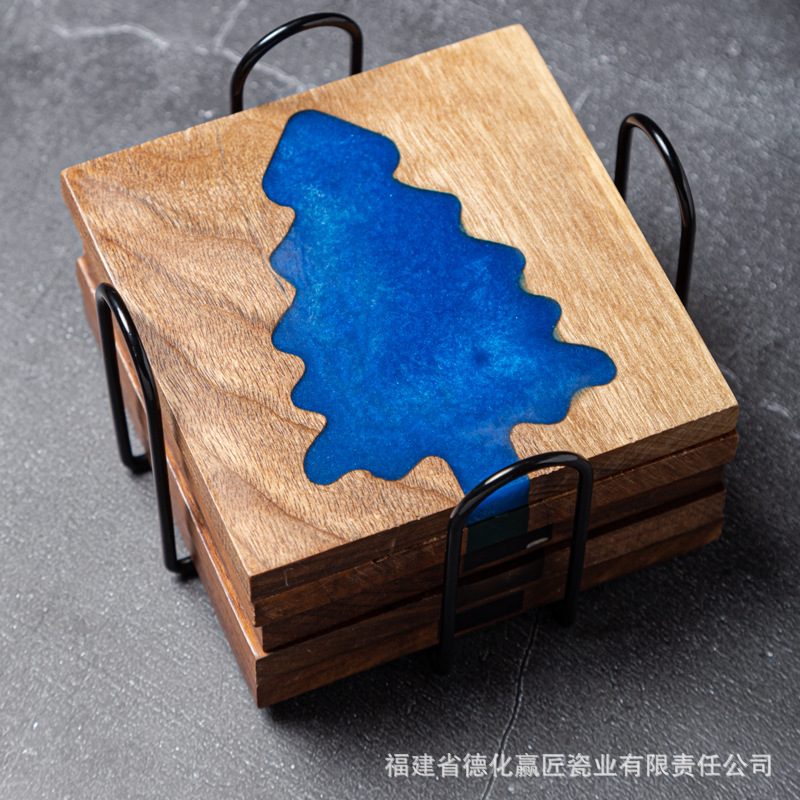 Resina transfronteriza almohadilla de taza de río piedra árbol de Navidad madera sólida empalme epoxi simple transparente almohadilla de taza de té cuadrada