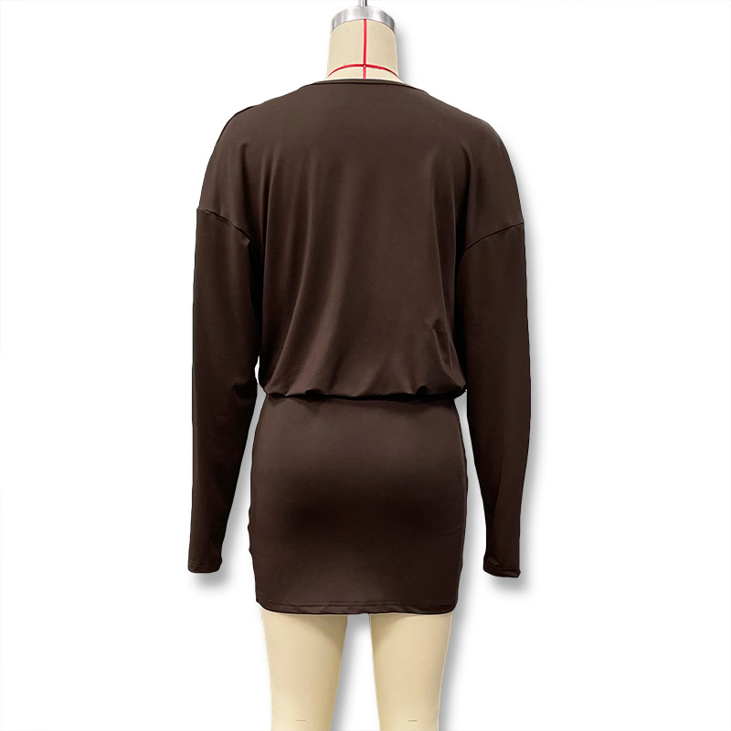 Women's Sexy Deep V Long Sleeve Dress American Style Solid Color Waist Cinching Bodycon Fashion For Autumn_ecoleips.com
