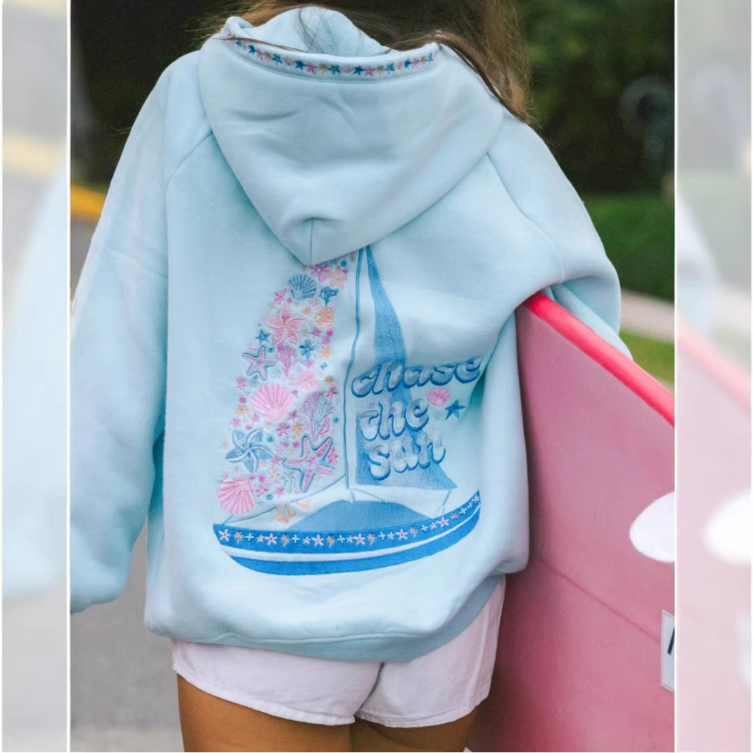 跨境欧码落肩袖芙蓉PINK Chase the Sun”追逐太阳连帽衫刺绣卫衣