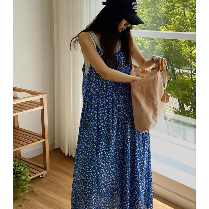 Dress for Women Summer 2026 New Korean Cute Floral Sleeveless Floral A-Line Vest Suspender Long Skirt