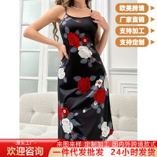 2025年新款夏季女士睡裙玫瑰数码印花休闲优雅型中长款吊带连衣裙