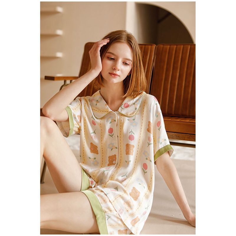 Lace Bear Women's Pajamas Spring and Summer Rayon Satin Home Clothes Short Sleeve Shorts Set Glossy Soft Shu