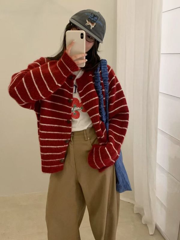 韩系风简约条纹拼接撞色毛衣女秋冬款通勤百搭设计感长袖针织开衫|undefined