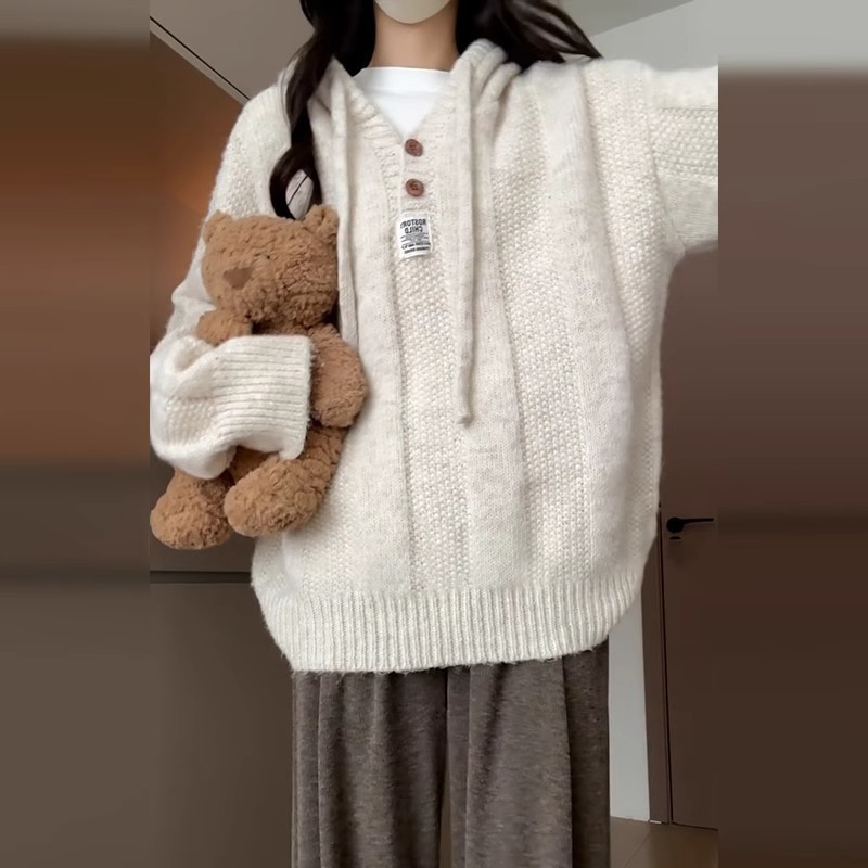韓国スタイルのルーズでレイジーなスタイルの女性用フード付きセーター、2025年秋冬の新しい柔らかくワックスのような厚みのある巾着ニットスウェットシャツトップ|undefined