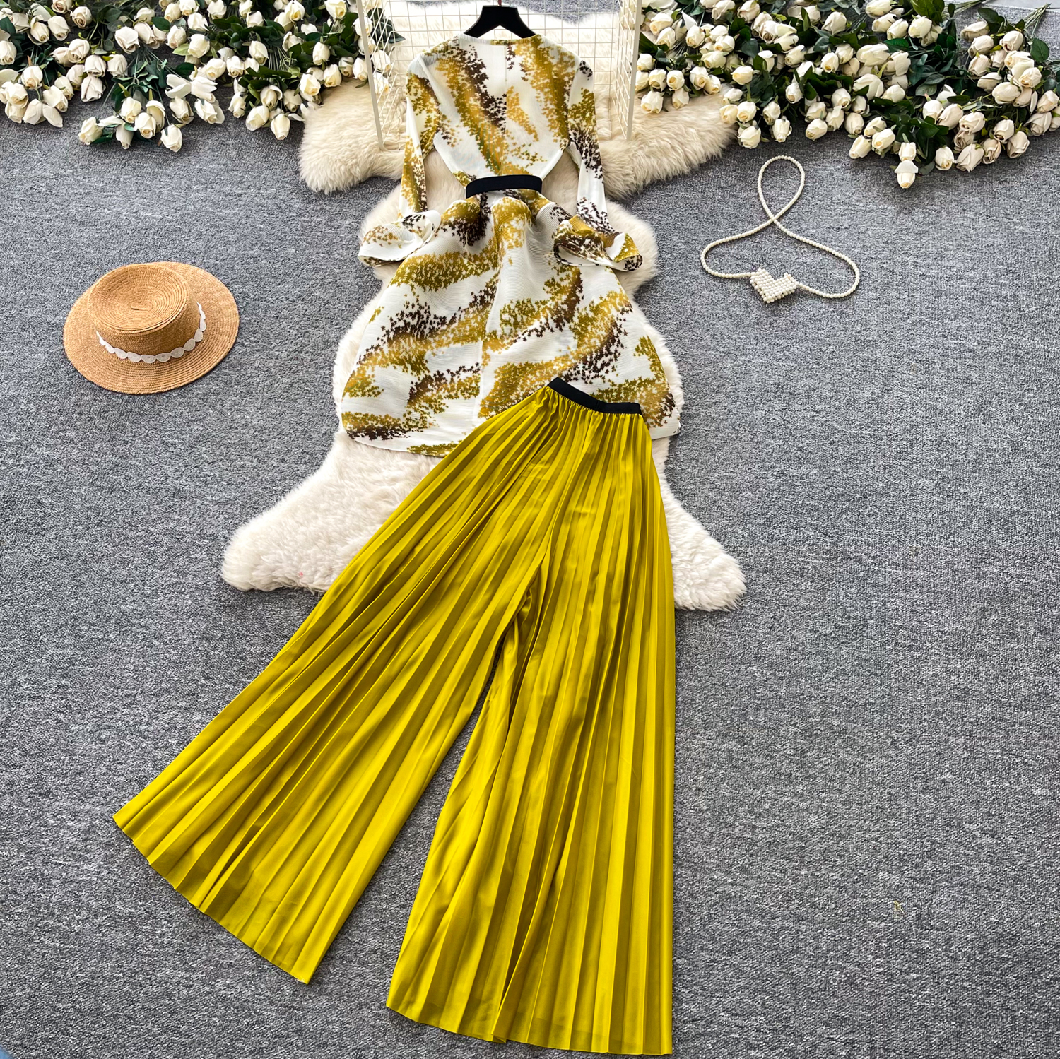Women's Clothing Two Piece Set Three Quarter Sleeve Top And High Waisted Pleated Wide Leg Casual Pants Slimming Effect For Autumn_ecoleips.com