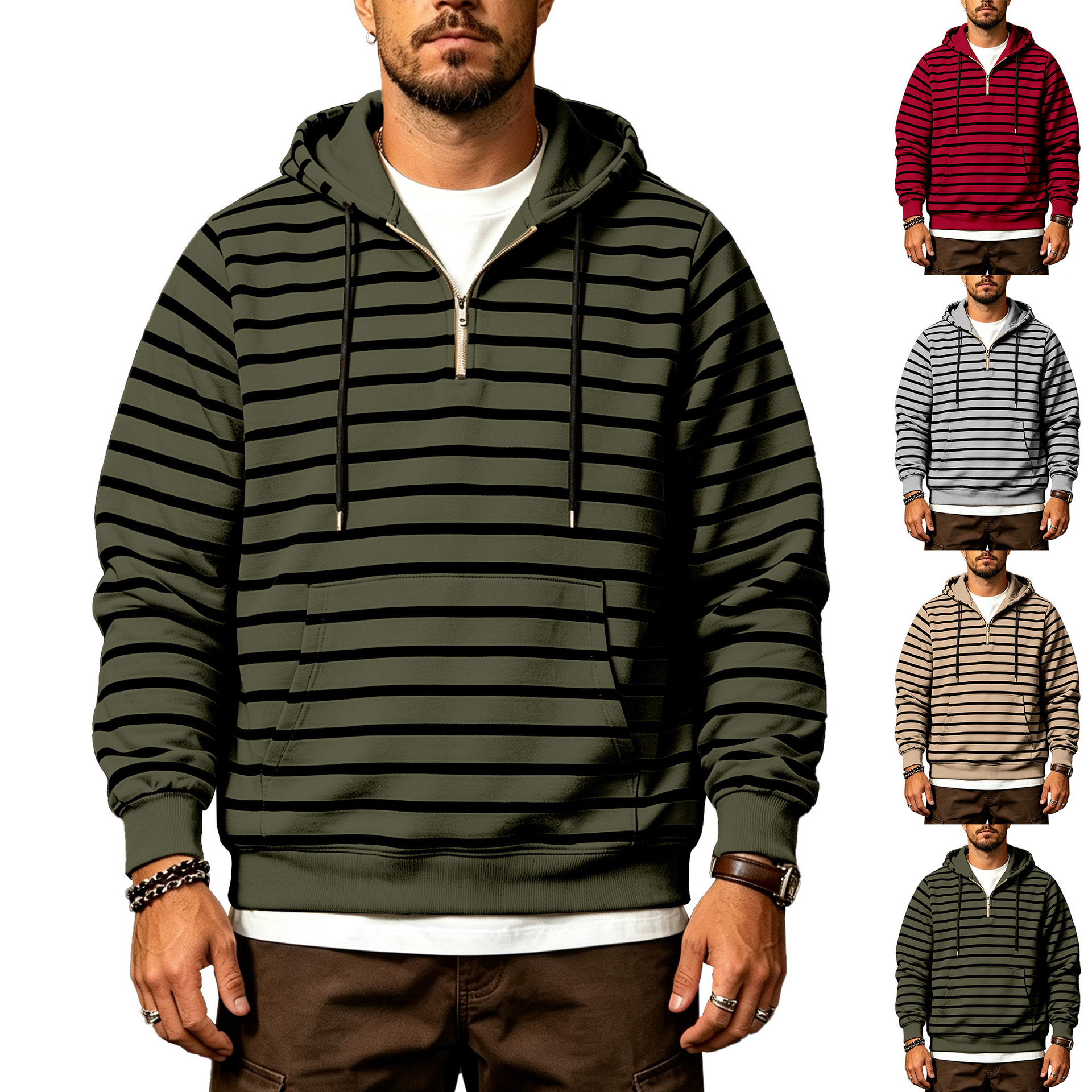 Cross-border European and American men's new autumn and winter casual versatile trendy striped half-zip long-sleeve hooded sweatshirt