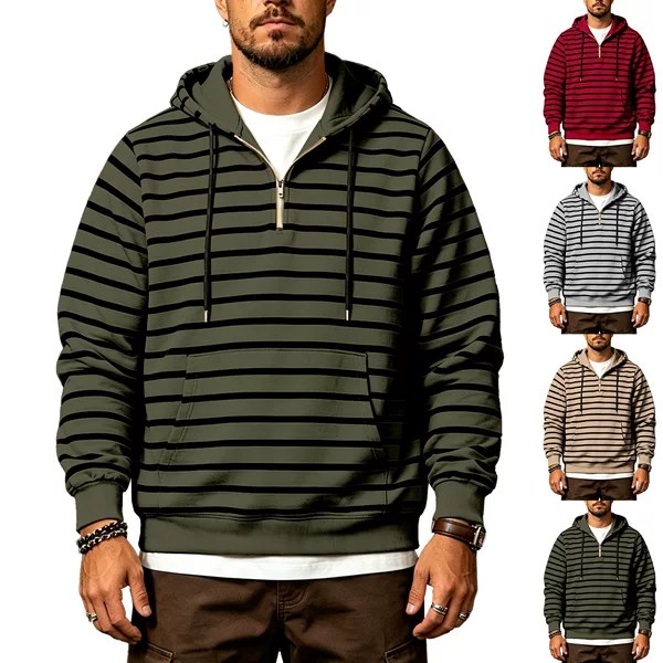 Cross-border European and American men's new autumn and winter casual versatile trendy striped half-zip long-sleeve hooded sweatshirt