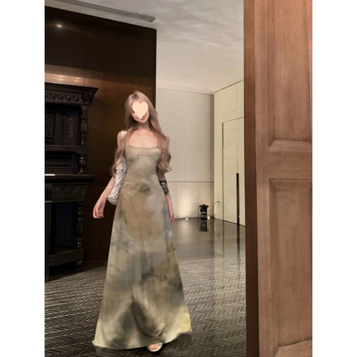 Vintage Tie-Dye Sexy Strappy Dress for Women Summer Beach Vacation Long Dress Elegant Waist Cinching Slimming Bustier Skirt