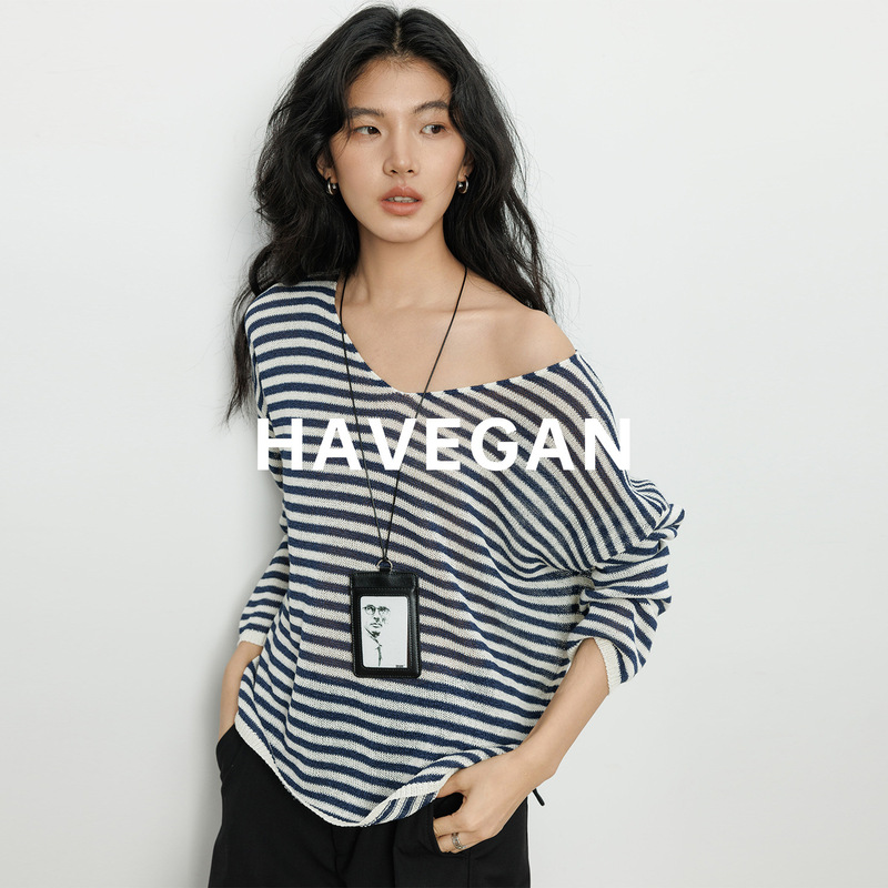 Havegan/Combed Cotton Knitwear Women's Loose Sun Protection Shirt Spring 2026 New Long-Sleeved Blouse Base Layer