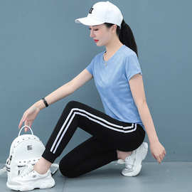 速干圆领运动服女新款休闲服时尚冰丝七分裤短袖套装夏季显瘦薄款