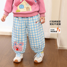 小女孩蓝色格子加绒灯笼裤女童冬季加厚保暖裤子直筒束脚休闲长裤