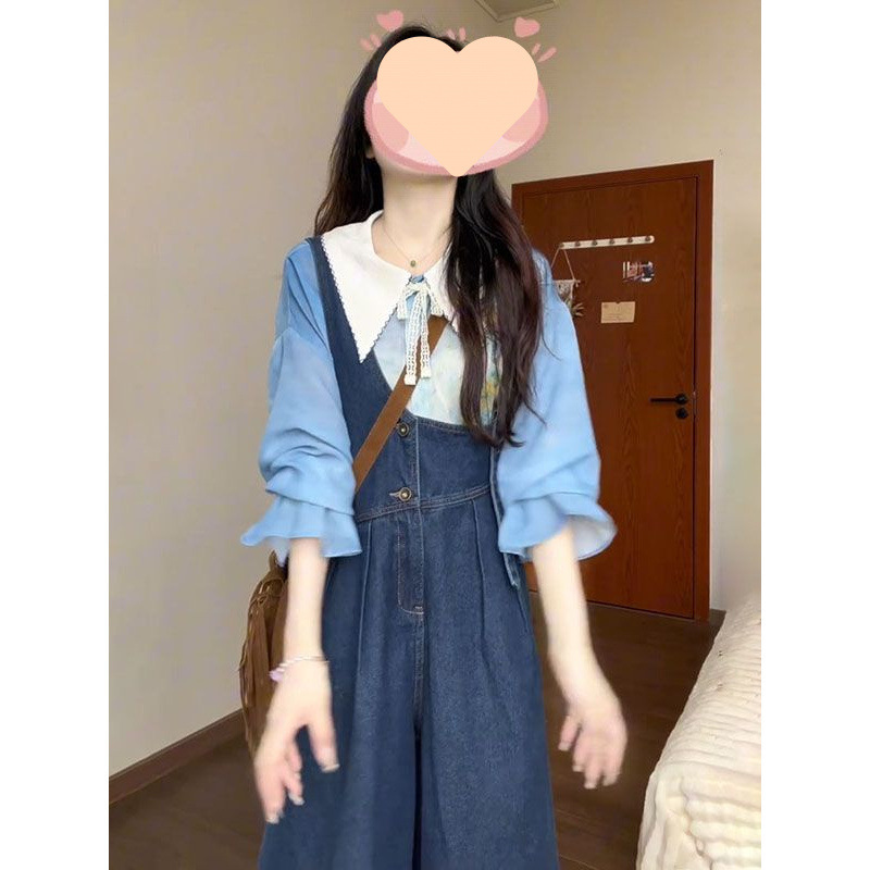 甜美贴布绣花不对称背带牛仔裤女春夏新款叠穿翻领印花衬衫两件套|undefined