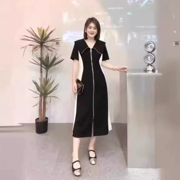 [Спот] Летнее новое пухлое платье мм с короткими рукавами, контрастная молния, большой отворот, тонкое платье среднего и длинного 5112